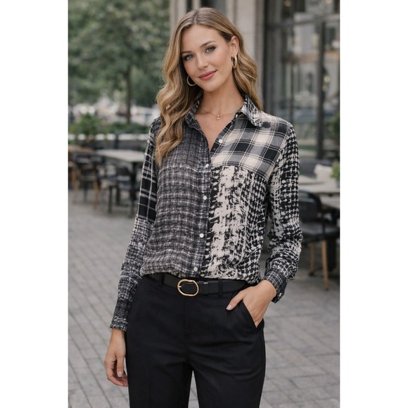 L'AGENCE Tops - L'Agence Black White Patchwork Plaid Silk Button Front Blouse Size‎ 4 Office